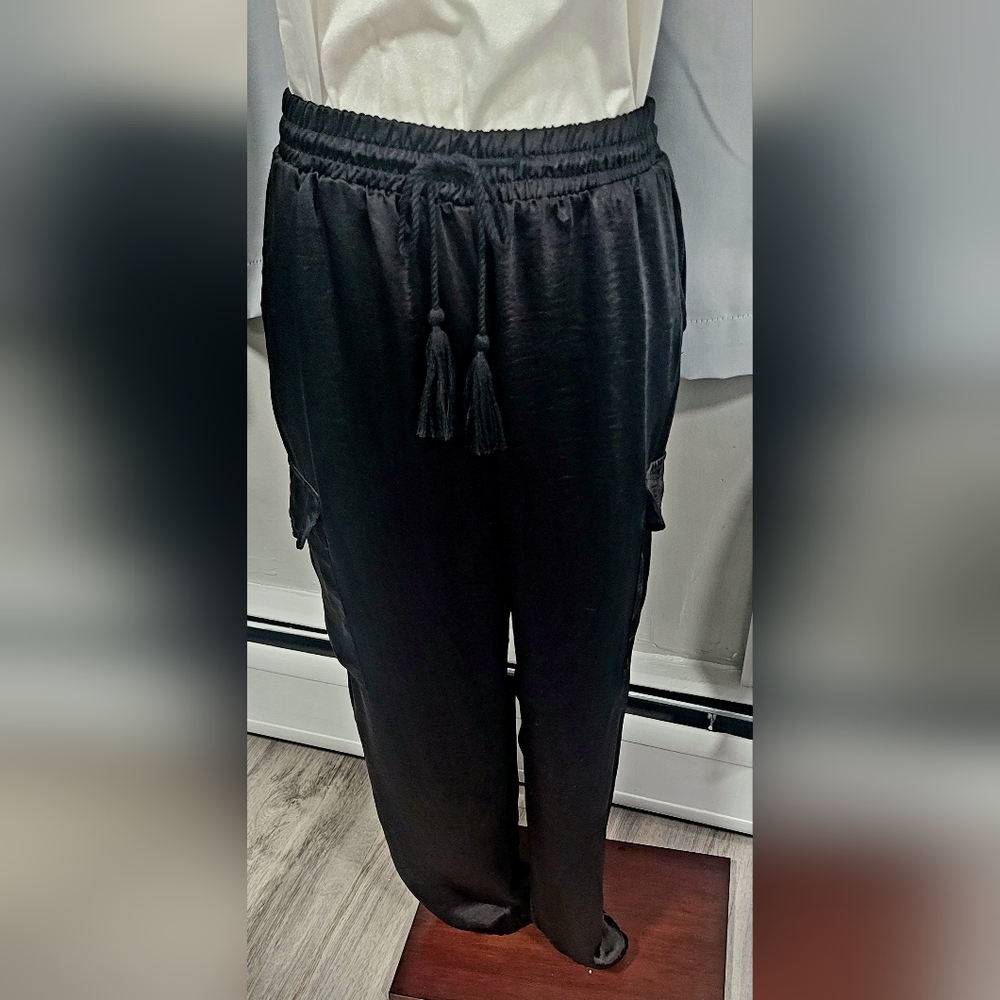 Hot Kiss Y2K Black Satin Cargo Joggers Size M - Stretch Relaxed Streetwear